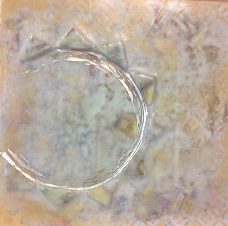 Lyre Series 14x14 Encaustic, 12k white gold leaf, silk on panel