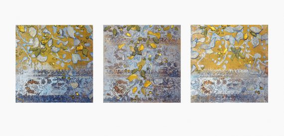 Balsam Poplar Series, pewter, 6" x 6" each, encaustic & foil on Belgian linen on panel, 2013.